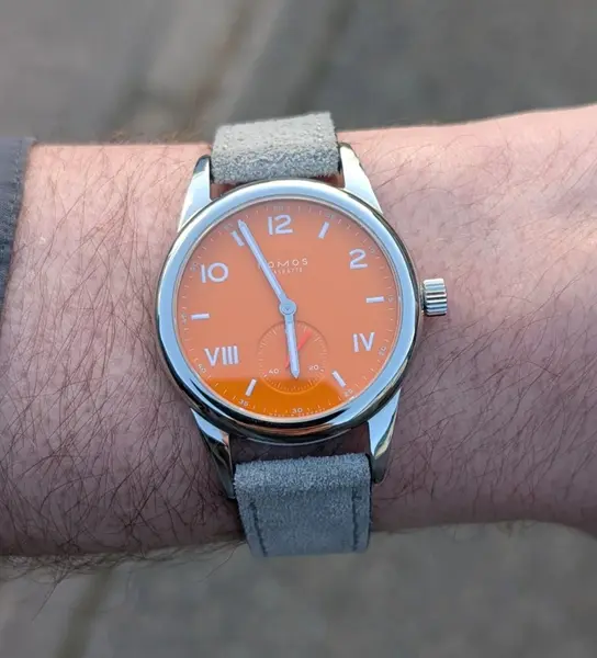 Nomos Glashütte Club Cambuse Future Orange wrist photo by Paul J.